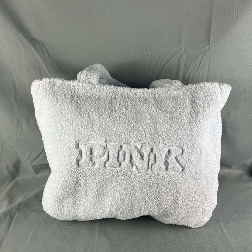 Pink Victoria's Secret Sherpa Fleece Tote Bag Womens White Fuzzy Shoulder Bag